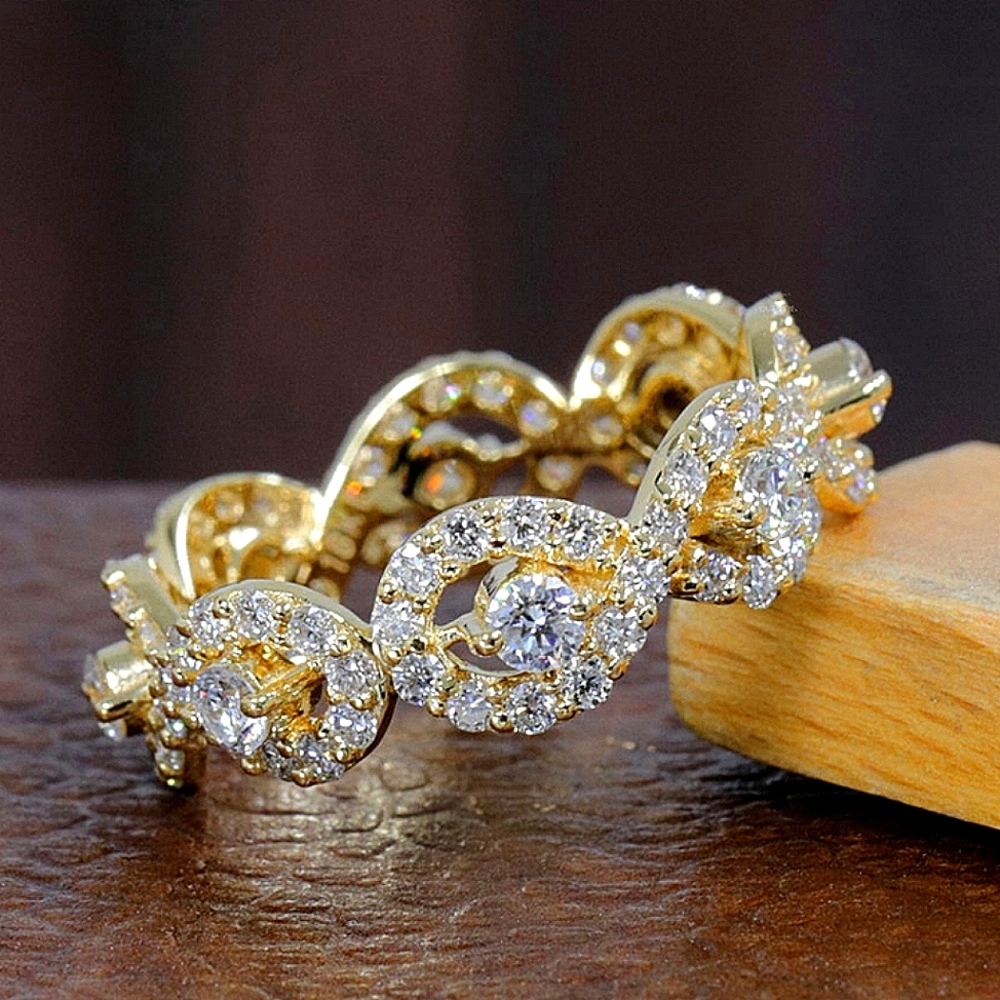 18K Yellow Gold Diamond Lab Grown Full Eternity 7mm Wedding Band Vintage Style